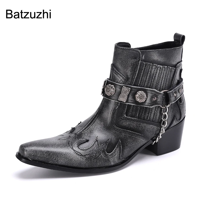 

Мужские ковбойские ботинки Batzuzhi ручной работы с острым носком, темно-серые ботильоны из натуральной кожи, мужские байкерские ботинки с цепочкой
