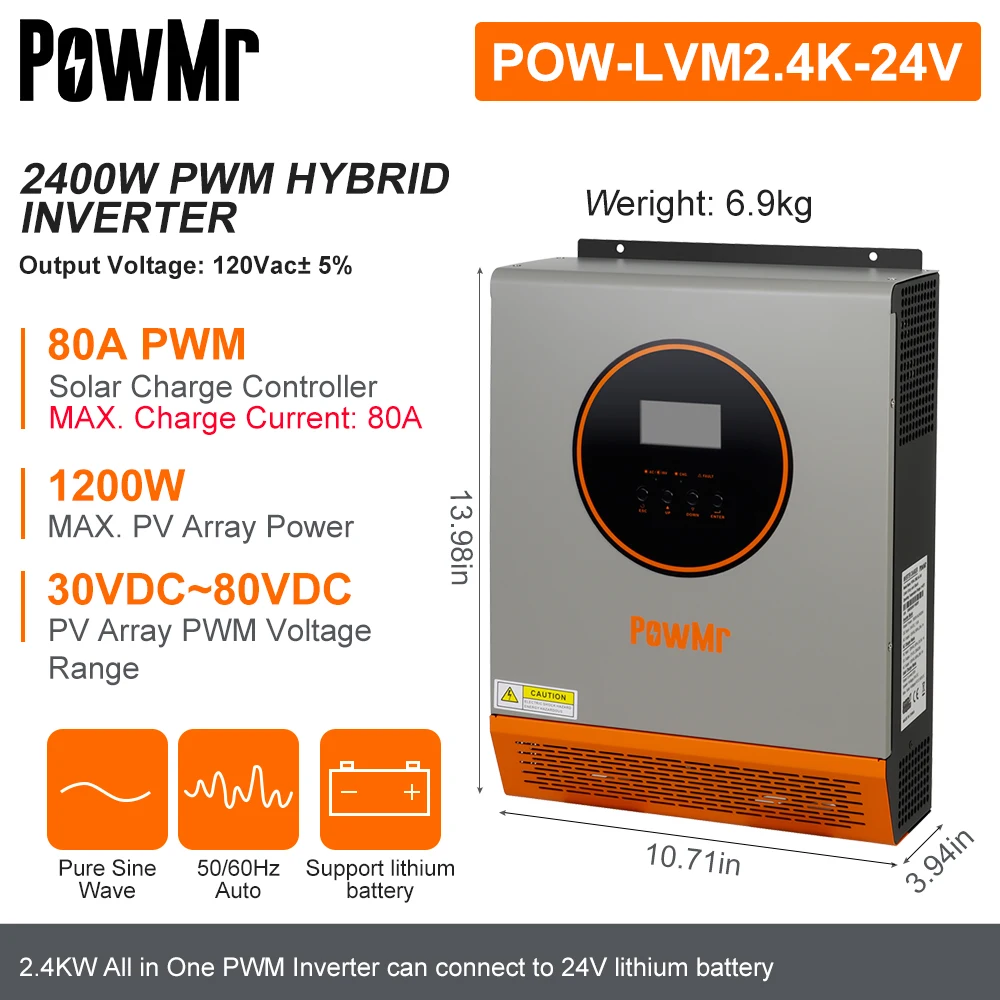 PowMr 2400W Hybrid Solar Inverter 24V to 110V 120V Pure Sine Wave With PWM 80A Solar Charge Controller and PV Panel 30-80VDC