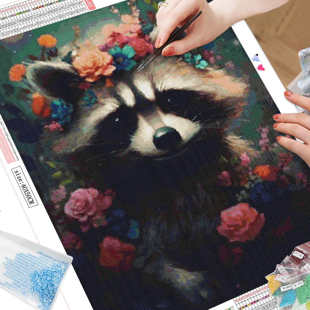 HUACAN 5D Diamond Painting Animals Raccoon Rabbit Full Square/Round Drill Mosaic Flower Home Decor Gifts