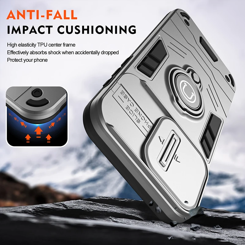 Popular Magnetic Ring Phone Case with Heavy Duty Armor and Camera Slide Cover for Enhanced Anti-Fall Protection