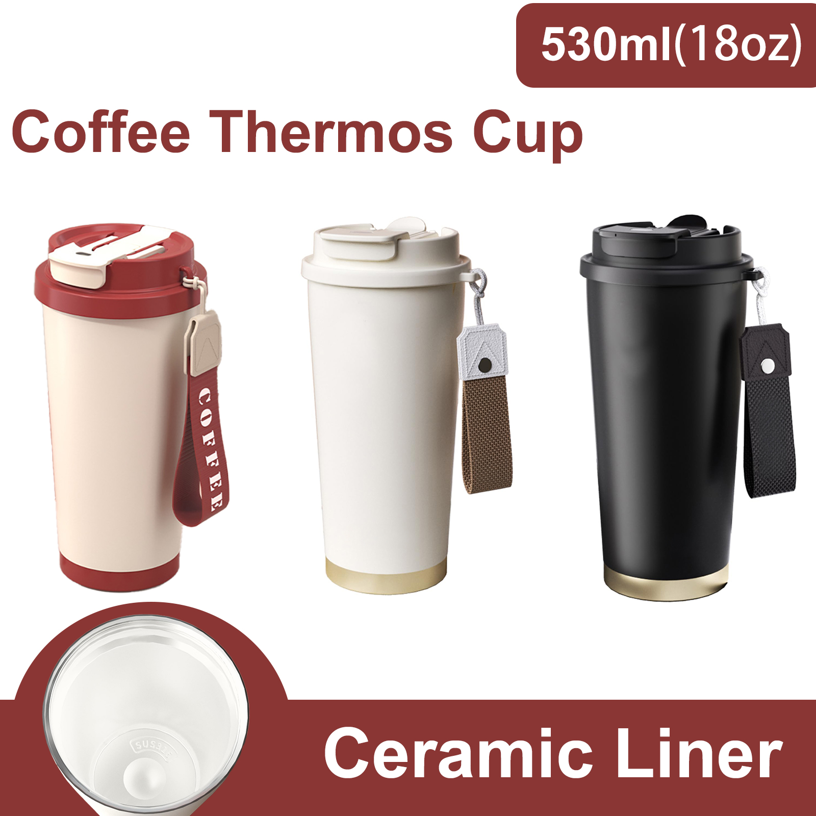Portable Thermos Insulated Coffee Cup with Straw Lid Strap Ceramic Liner Stainless Steel Tumbler Mug for Car Travel Camping Coke