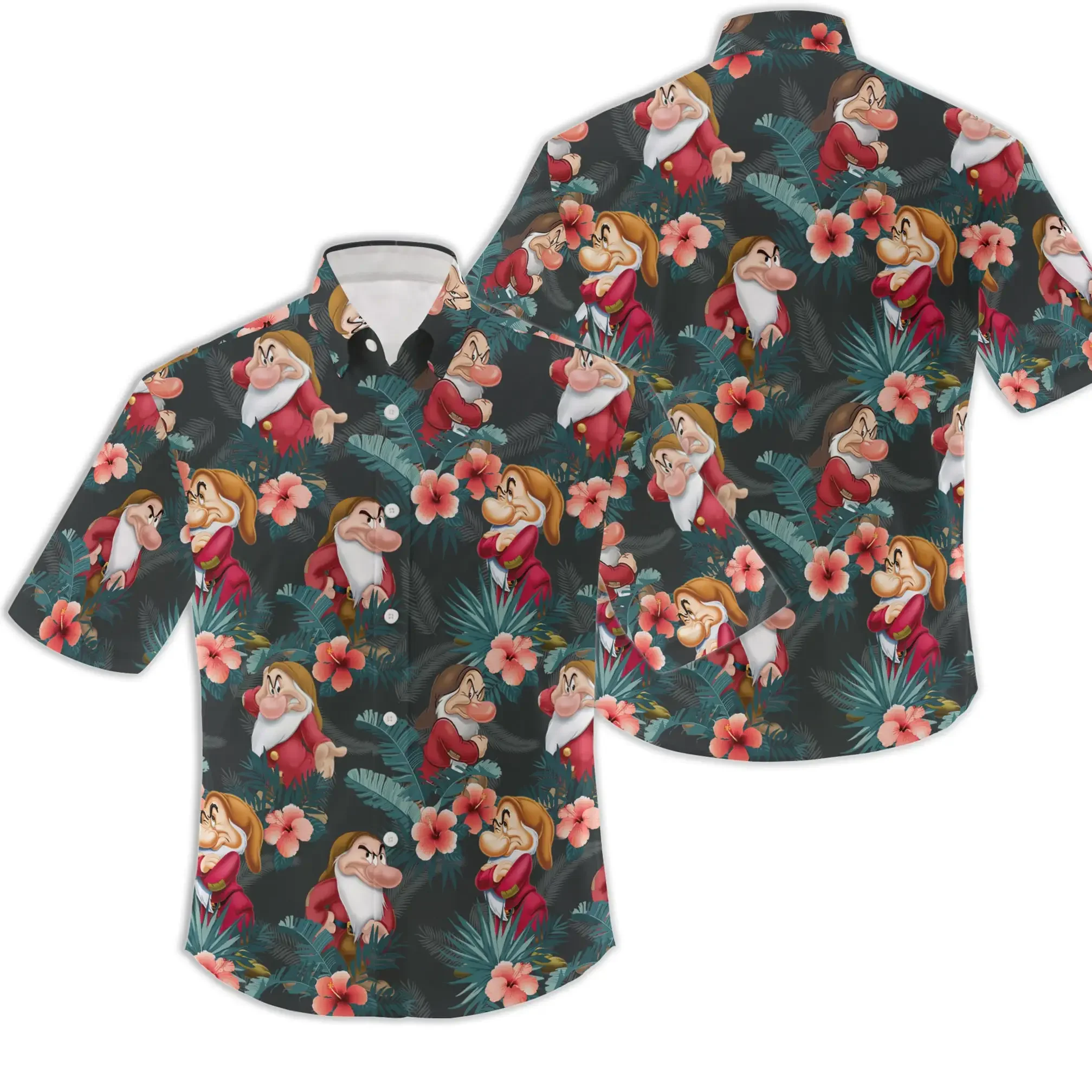 

2024 New Disney Hawaiian Shirt Grumpy Hawaiian Shirt Disney Seven Dwarfs Short-Sleeved Shirt Casual Retro Top