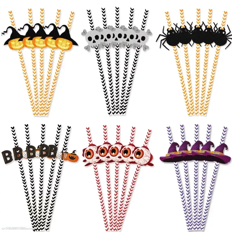 24pcs Halloween Straw Party Decorations Skull Spider Water Cup Drink Decor with Disposable Straws Cocktail Straw Juice Tubes