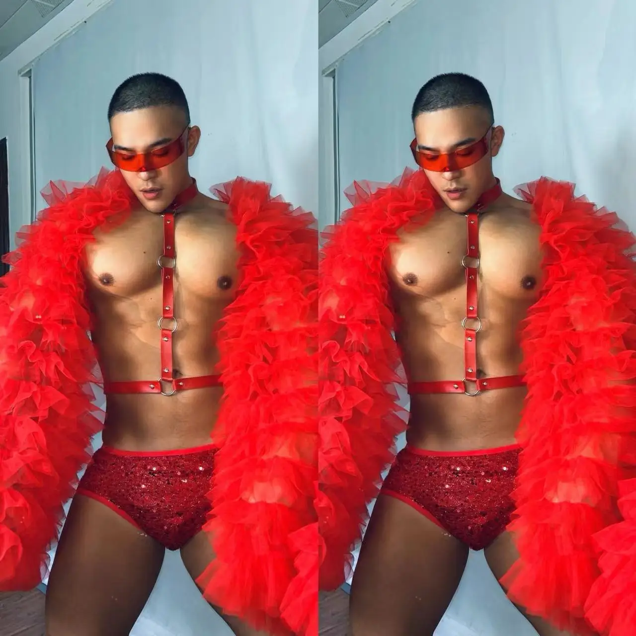 

Fluffy Sleeves Coat Male Stage Wear Sexy Pole Dance Costume Red Chest Straps Sequins Shorts Nightclub Gogo Dancer Outfit