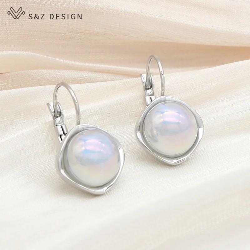 S&Z DESIGN New Trendy Luxury Round Crystal Simulated-pearl Dangle Earrings For Women Elegant 585 Rose Gold Color Jewelry