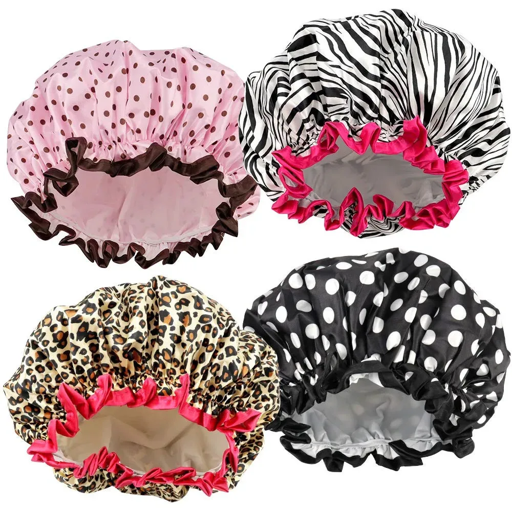 4 Pieces Shower Cap for Women, Elastic and Reusable,Environmental Protection Hair Bath Caps,Double Waterproof Layers Bathing Hat 5