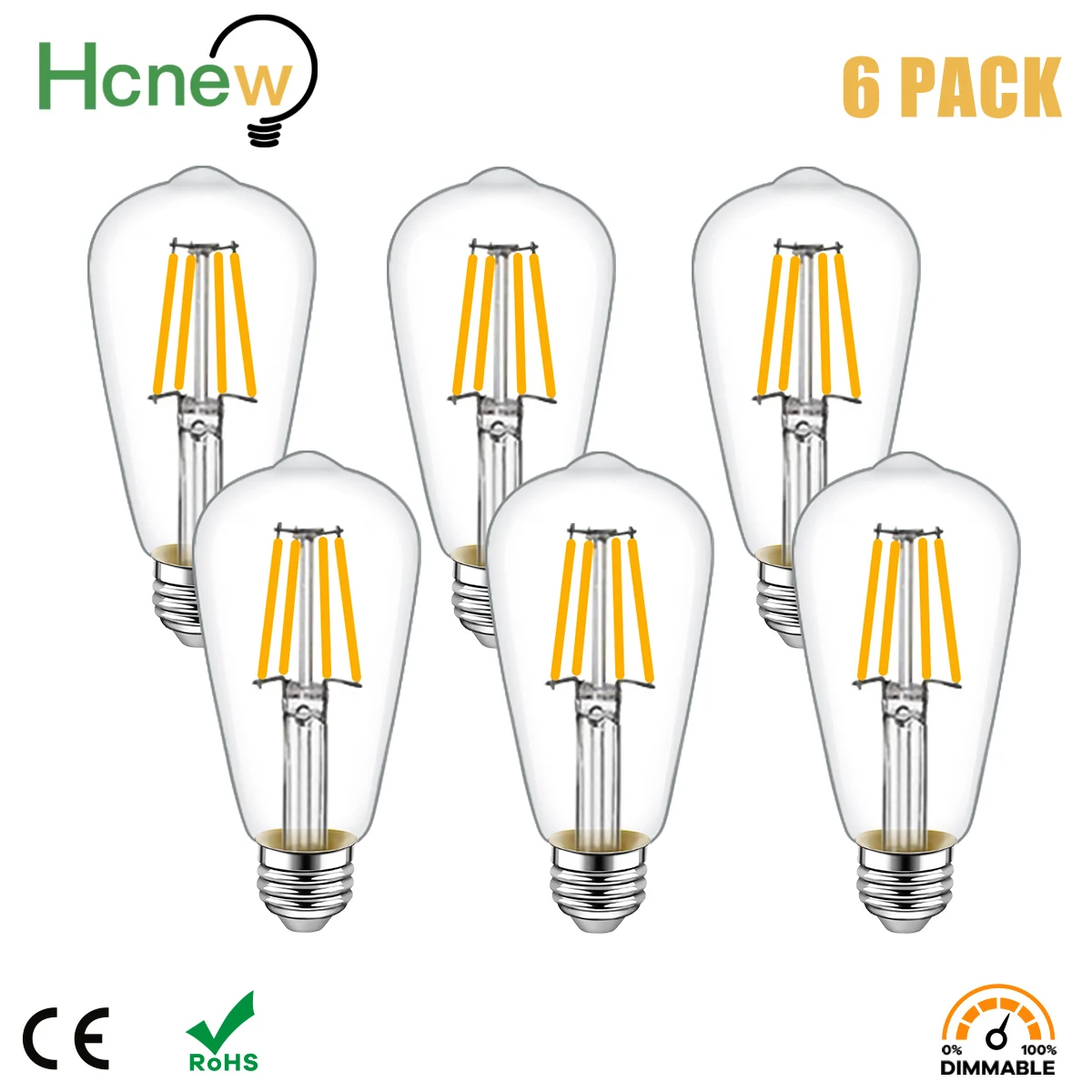 Hcnew 6PCS LED ST64 4W Warm White 2700K Intage Edison Filament Bulb Dimmable E27 220V 360 Degree Energy Light Lamp