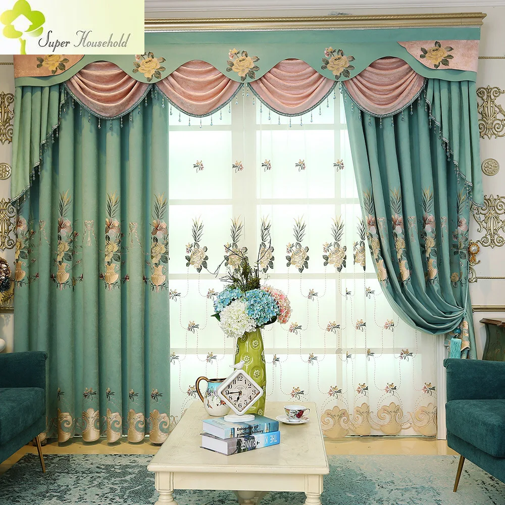 European Chenille Velvet Embroidery Fabric Window Screens Curtains For
