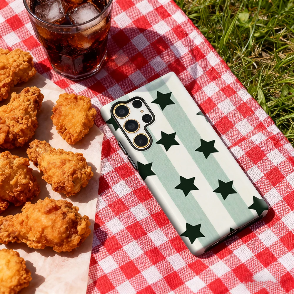 Mint Striped Starry Pattern Glossy Double-Layer Phone Case