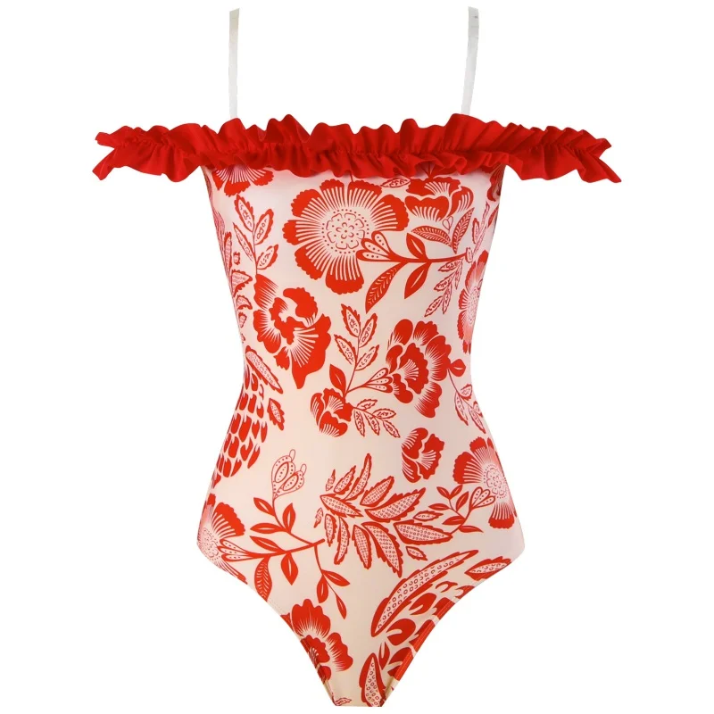 2024New off-Shoulder One-Piece Swimsuit Women's Flying Conservative Hot Spring Swimsuit Mesh Wrap Skirt Suit