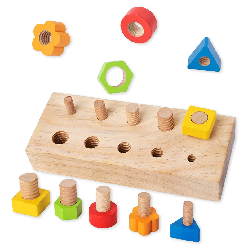 Wooden Nut Bolts Building Blocks Color Shape Sorter Toys Kids