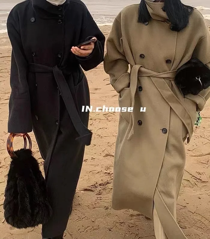 

Autumn and winter outerwear double-sided wool coat for women's medium length double breasted wide loose collar woolen coat