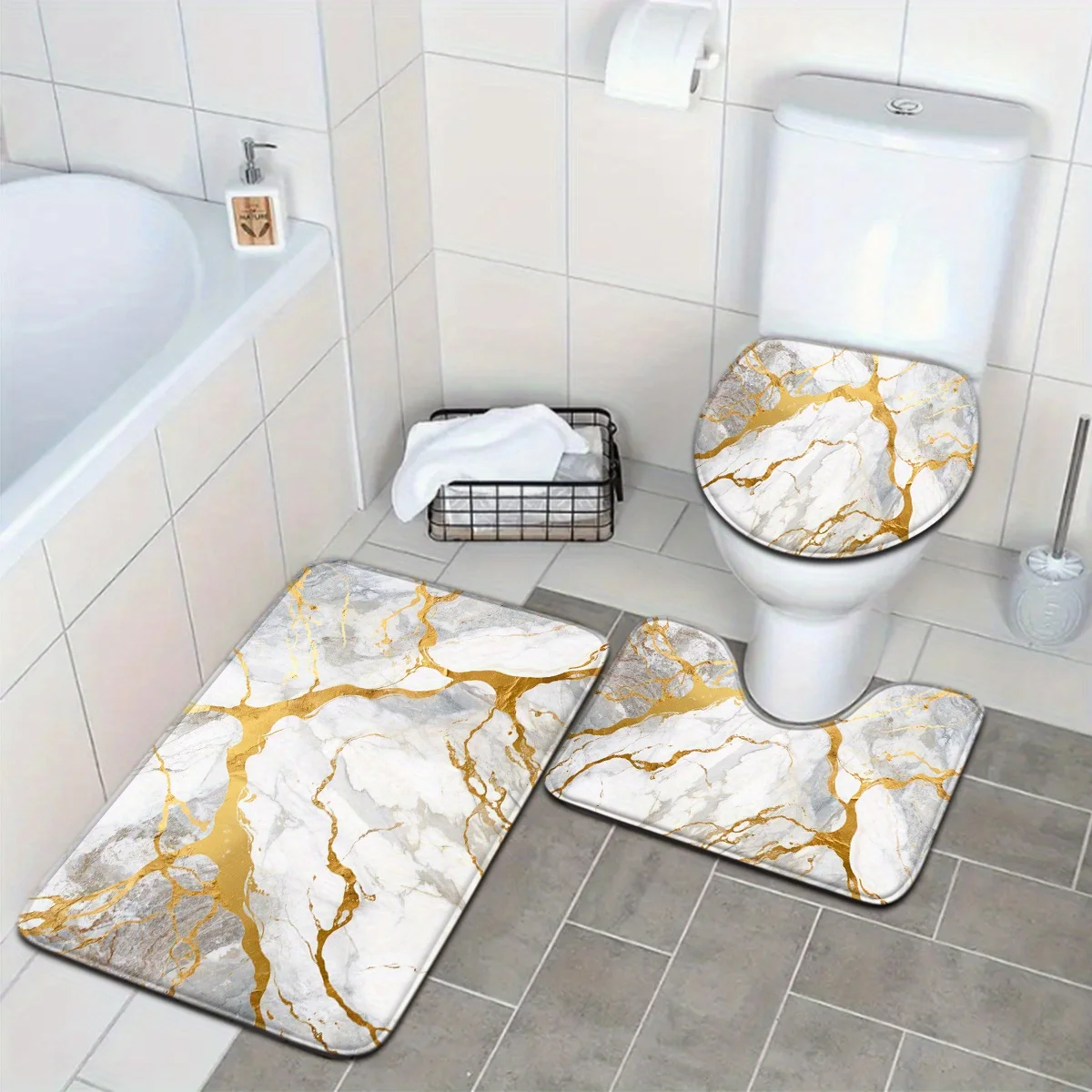 Luxury Gold Vein Marble Bathroom Set - Soft & Non-slip Contour Mat, Toilet Cover, and Bathtub Mat for Elegant Home Decor 2