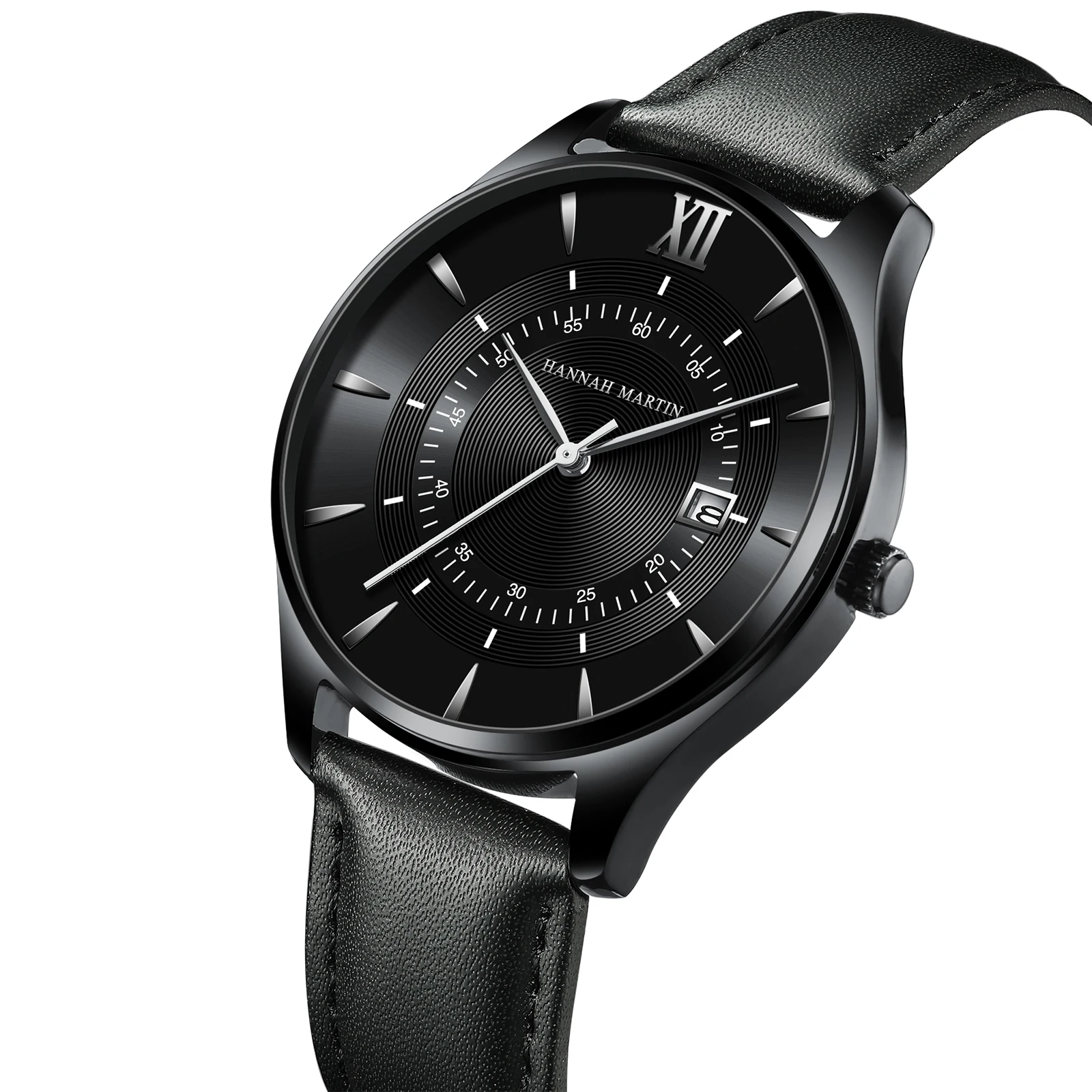 Hannah Martin Dropshipping Black Leather Watches Top Casual Fashion 42mm Business Style Gift Mens Quartz Wristatch Reloj Hombre 2