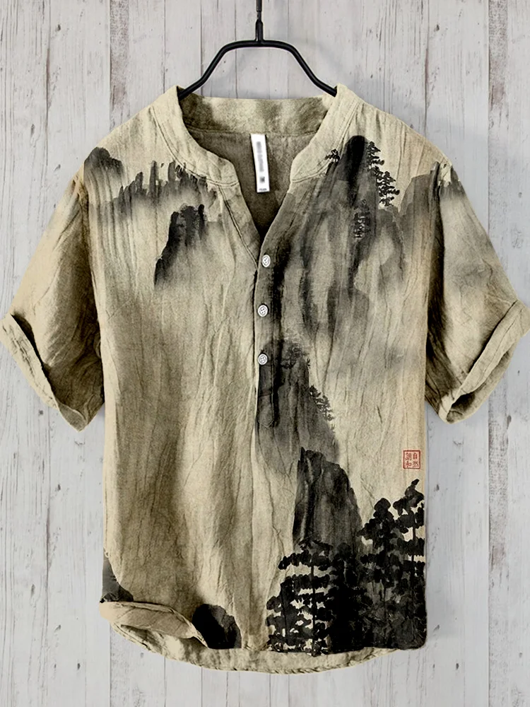 Japanese frog print Henley Shirt Men's Cool And Thin Breathable Summer Shirts Button Stand Collar Shirt v-neck henley shirt 4