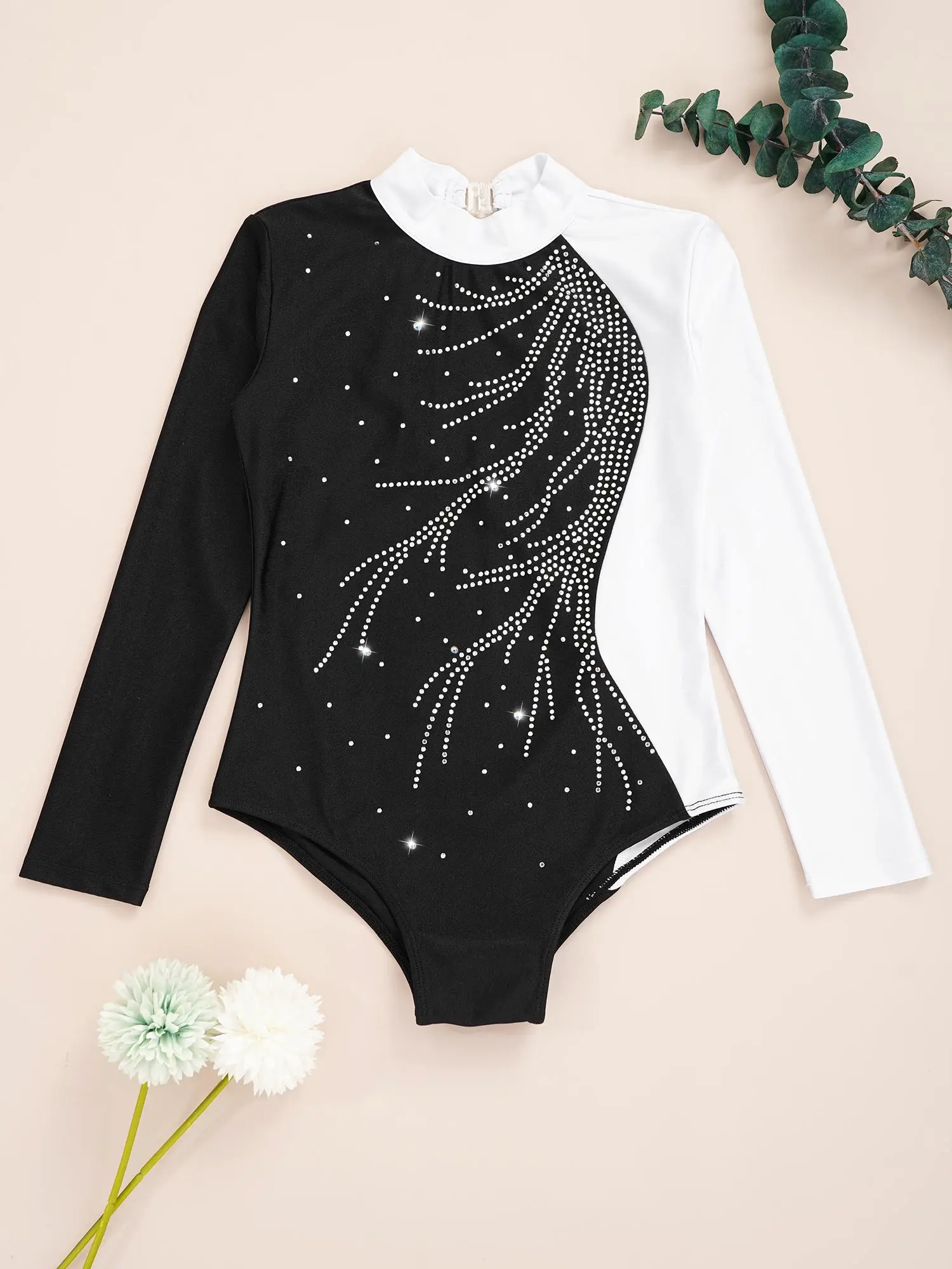 Ballet Leotard Dance Leotard Girls Dance Costumes Kids Girls Gymnastics Leotard Shiny Faux Diamonds Ballerina Dance Costume Mock Neck Long Sleeve Athletics Costume Child Bodysuit