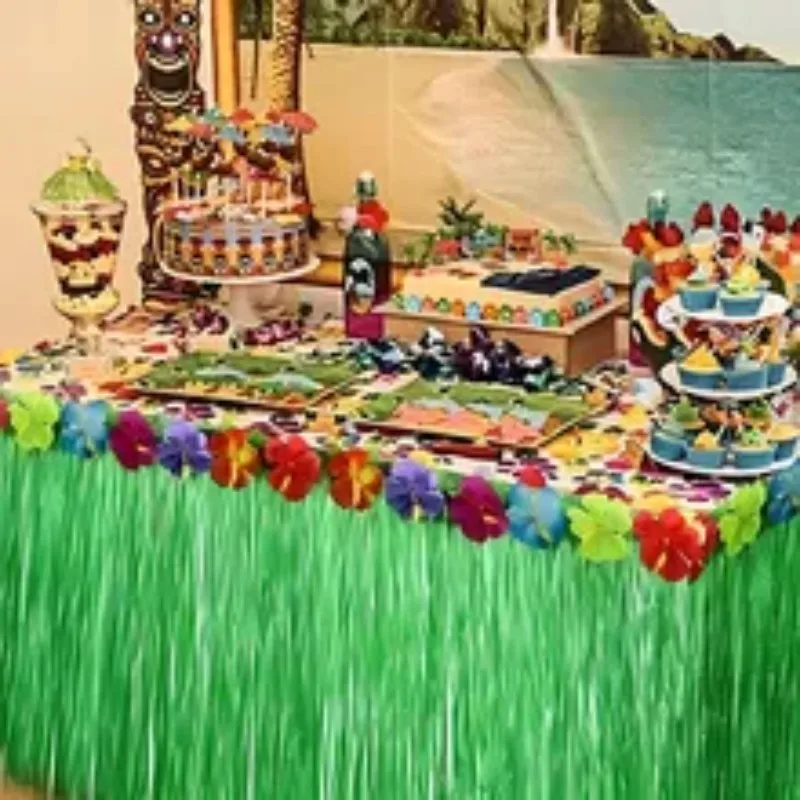 Table Skirt Summer Theme Party Grass Straw Color Table Skirt Hawaiian Tropical Theme Party Supplies for Decor Door Hanging