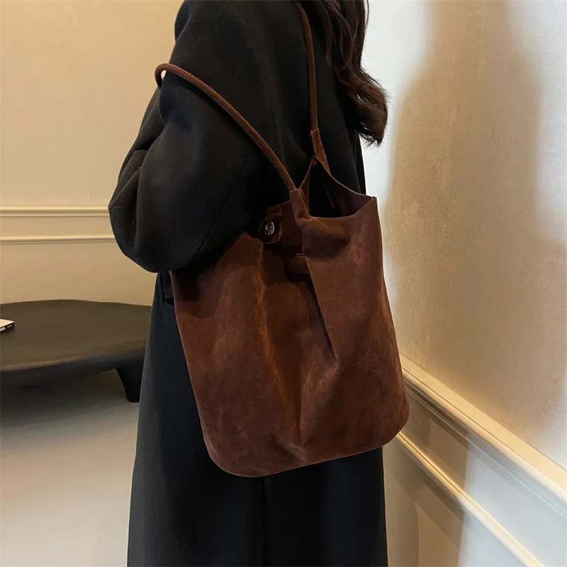Suede Sewing Thread Retro Women's Shoulder Bags Casual Versatile Solid Colors High Capacity Handbag Tote