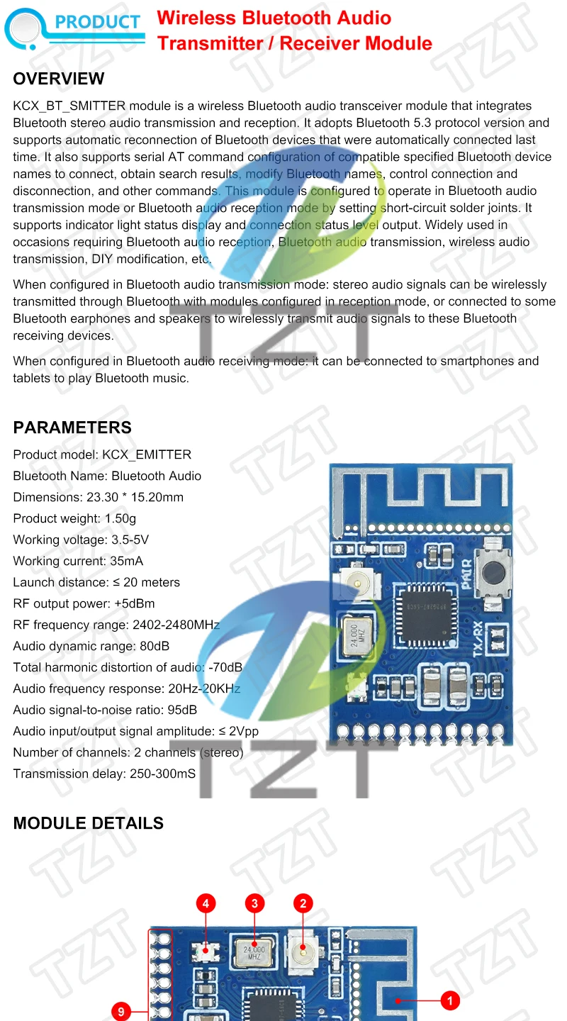 Bluetooth-Modul 5.3 Audio-Sender-Modul 20 Meter Stereo GFSK Transceiver Kopfhörer-Board Drahtloser Lautsprecher – Detail 1