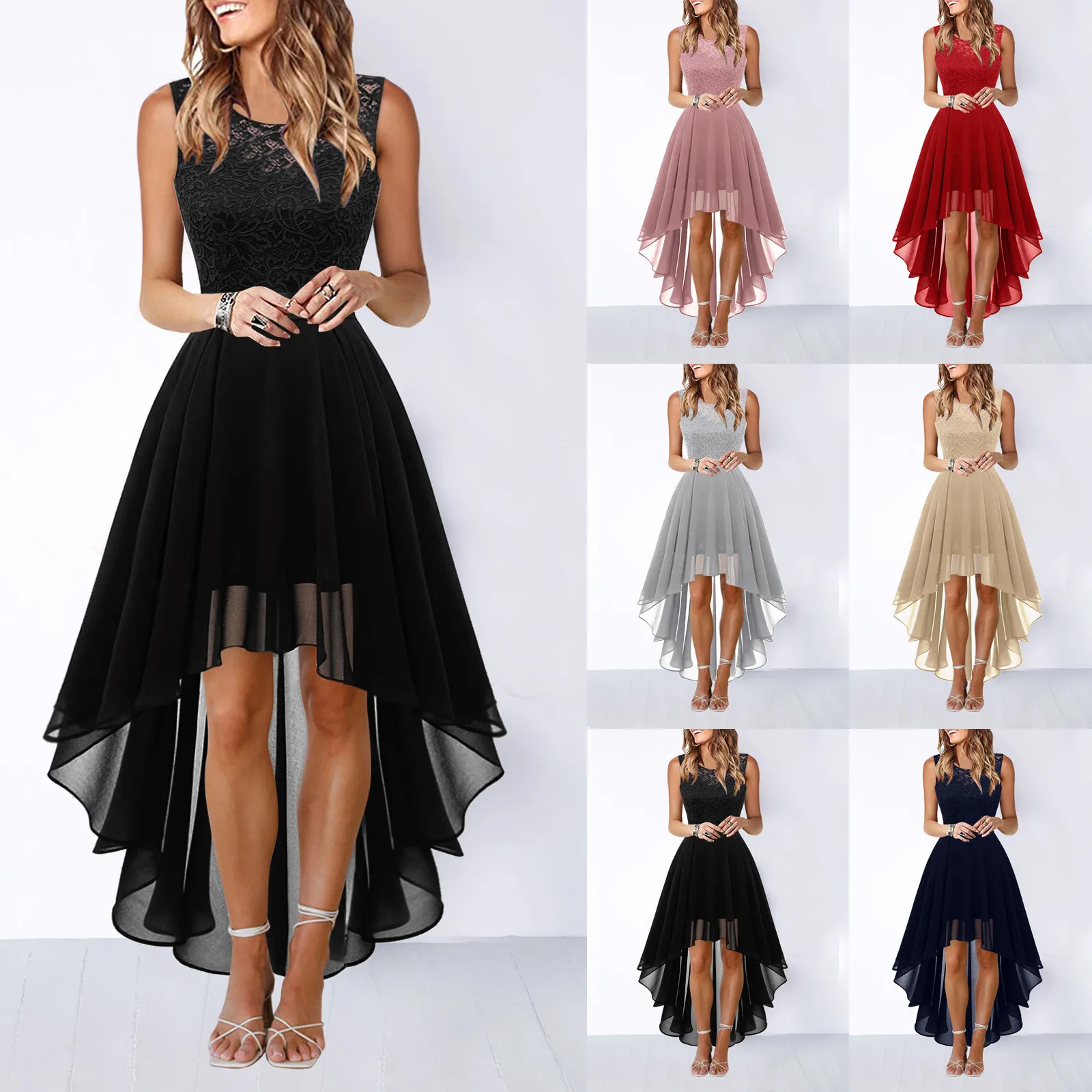Women\'s Lace Dress Bow Belt Elegant Irregular Length Dress Sleeveless Chiffon Dress Women Bridesmaid Cocktail Short Dresses