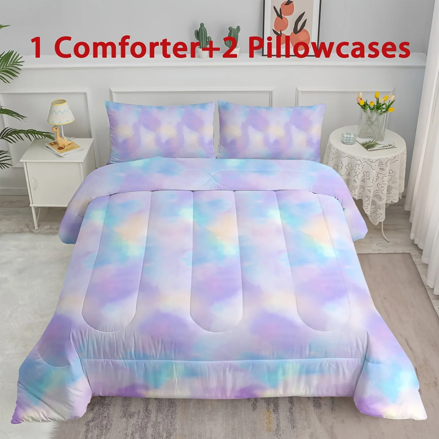 

3pcs Tie Dye Print Comforter Set For Girls Teens Boys, Pink Blue Purple 100% Polyester Soft Comfortable Comfortable Bedding Set,