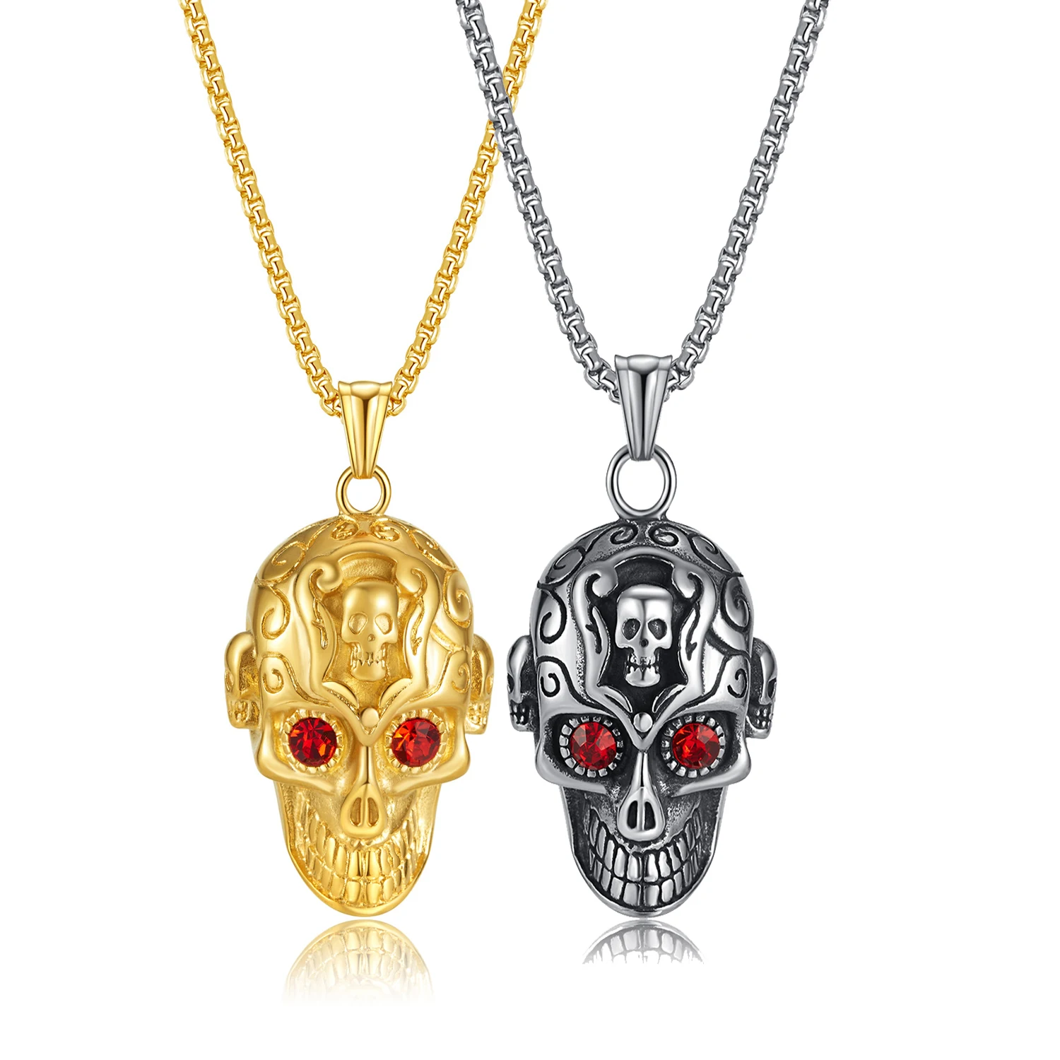 

European and American Hot Selling Titanium Steel Skull Pendant Personality Retro Red Eyes Hip Hop Punk Necklace For Men PSL163