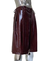 Mauroicardi Autumn Cool Handsome Waterproof Shiny Burgundy Pu Leather Straight Shorts for Men High Waist Luxury Designer Clothes