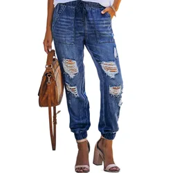 Senhoras rasgado jeans rua hipster azul lavado meados de ascensão em linha reta perna denim calça moda bape calças para mulher alta roupas femininas