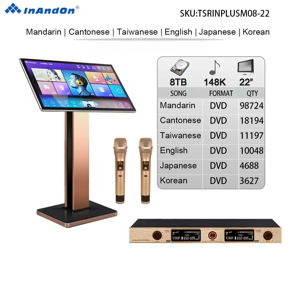TSRINPLUSM08-8TB 148K High-Performance InAndOn Karaoke Player Microphone and DSP Mixer, 22" Touch Voice Keying online Movie KTV
