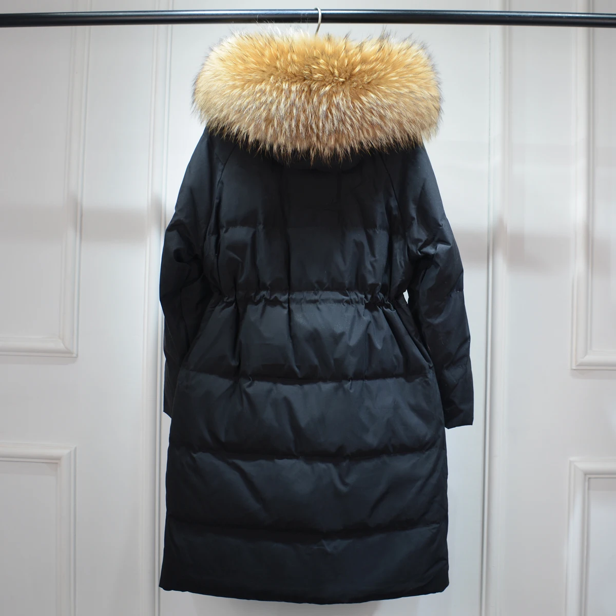 Janveny Large Natural Raccoon Fur Winter Women Slim Long