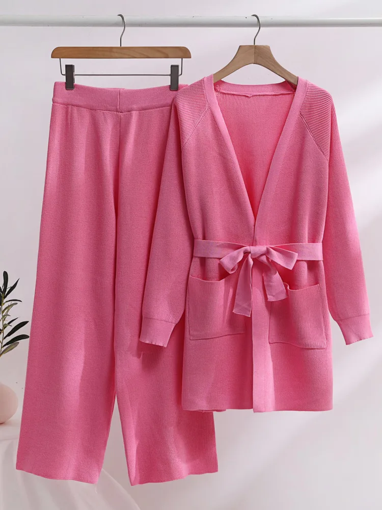 

Зимние плотные широкие брюки, вязаный кардиган с карманами, пальто, комплект из двух предметов, Женский Осенний модный Свободный брючный костюм, элегантные спортивные костюмы