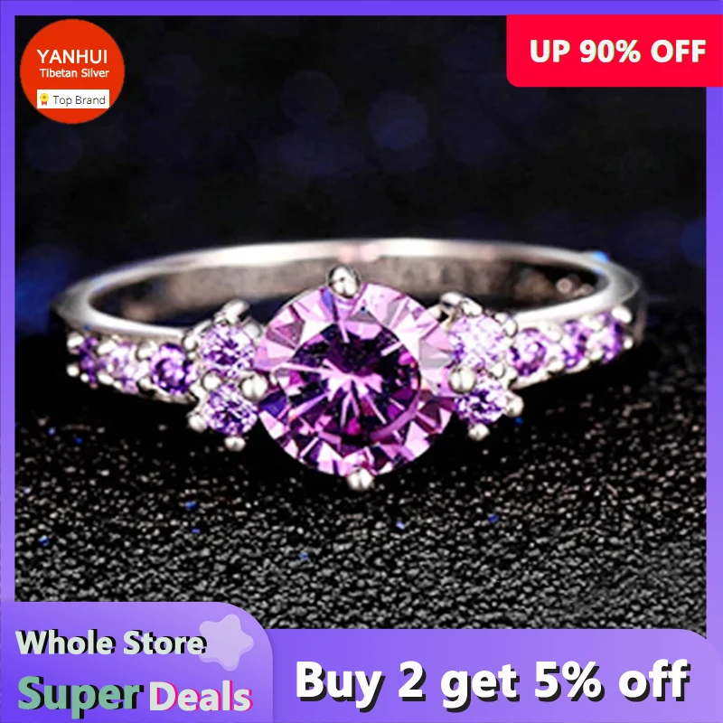 YANHUI Wedding Rings For Women Pure White Gold Color Original Tibetan Silver Simulated Amethyst Gift Jewelry