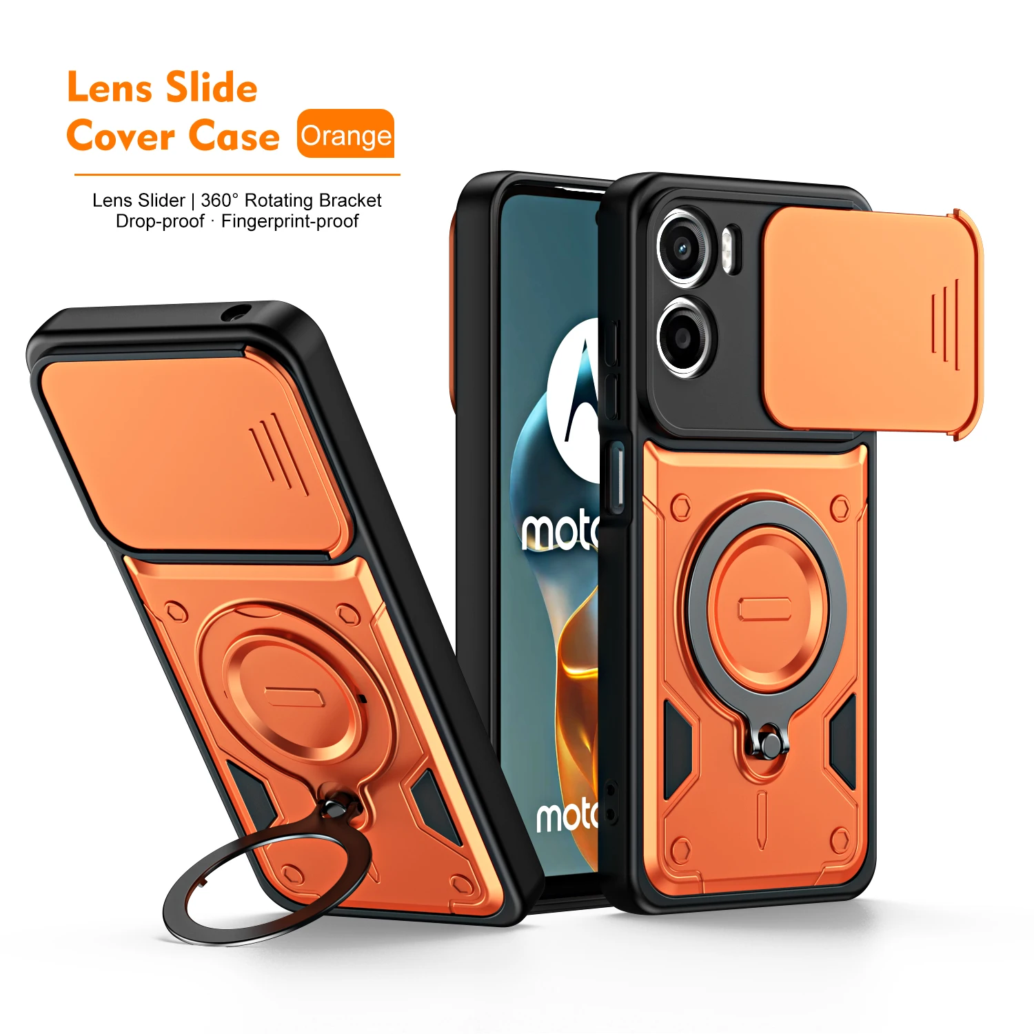 Rugged Armor Shockproof Phone Case with Slide Camera Lens Protection and Ring Stand
