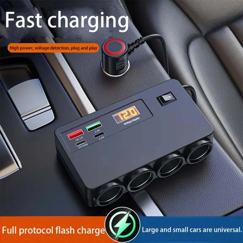 100W Multi-Functional Vehicle Charger USB/TYPE-C Fast Charging Four Conversion Interfaces, With Digital Voltage Display