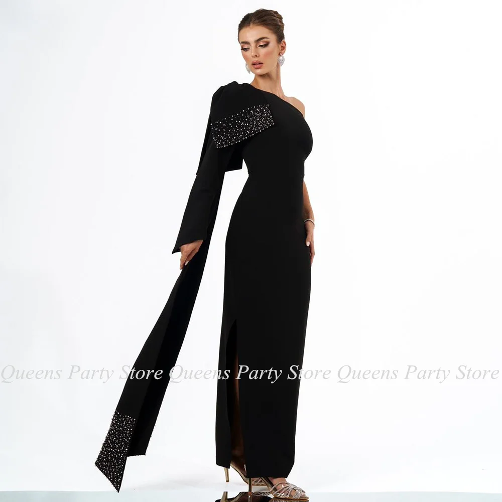 

Black Evening Dress One Shoulder Long Sleeve Beading Sequined Ankle Length Sheath Slit Arab Prom Gown Saudi Arabic Party Dresses