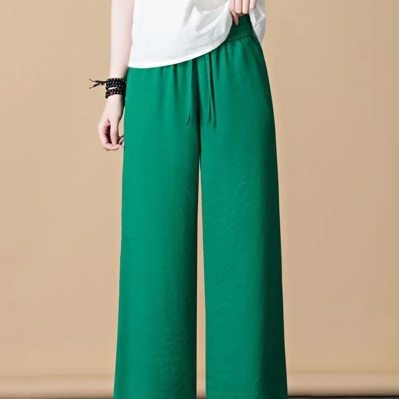 Wide Leg 2024 Summer Women's Patchwork Solid Color Ice Silk Pendant Feeling Loose High Waist Pocket Straight Leg Casual Pants