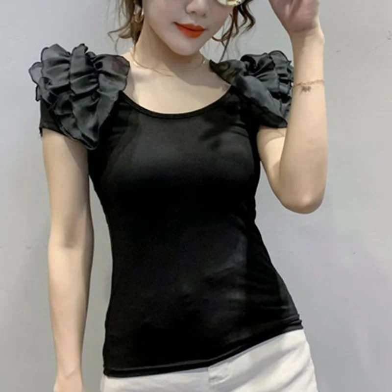 Stylish O-Neck Spliced All-match Backless Ruffles Blouse Female Clothing 2023 Summer New Casual Pullovers Tops Office Lady Shirt