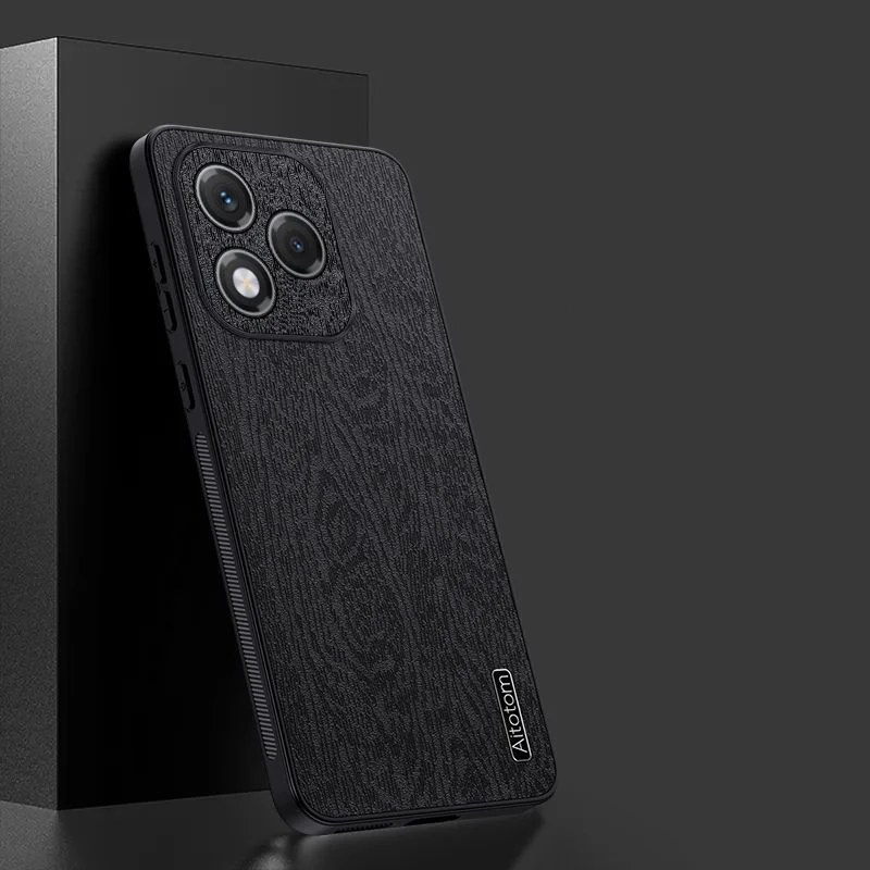 Luxury PU Leather Wood Grain Protective Phone Case - Hard Plastic Cover