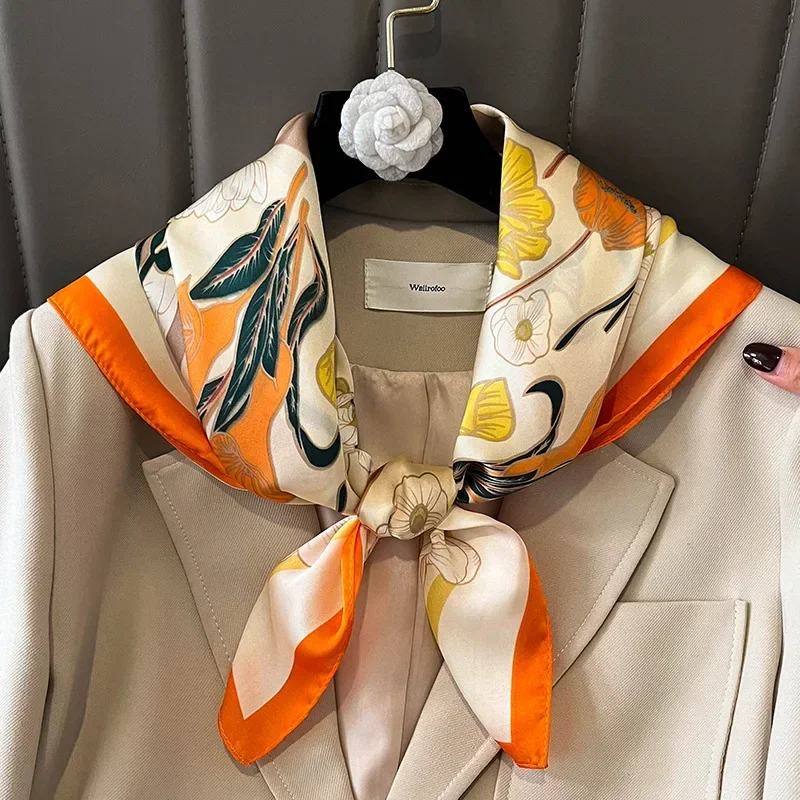 2024 New Silk Square Hair Scarf Foulard Pashmina Shawls Wraps Neck Scarves Women Floral Bandana Headbands Floral Bufandas Female 3