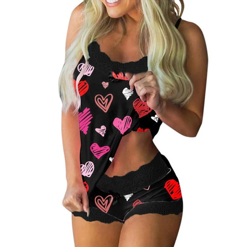 Women's Summer Butterfly Flowers Print Top + Shorts 2 Piece Set Sleeveless 3XL Plus Size Sleepwear Home Nightwear-women pajamas set,women pajama suit,cotton pajamas set