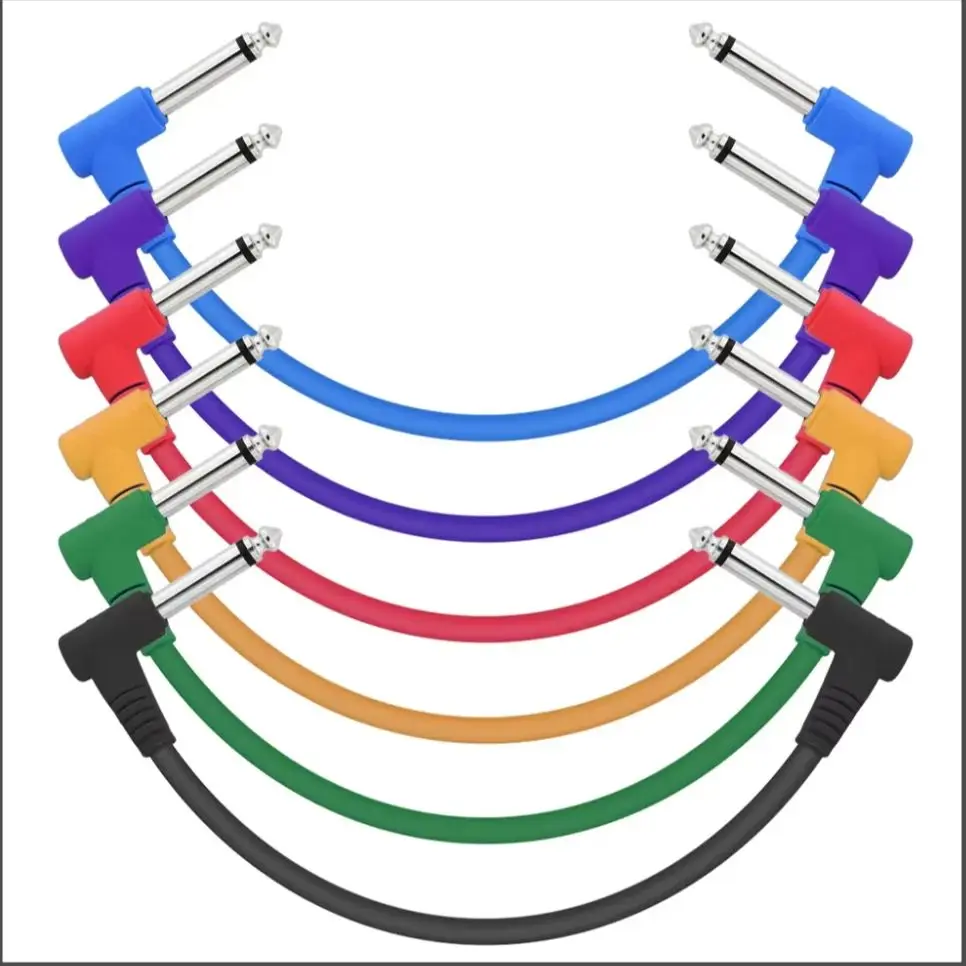 6er-Pack 7,8-Zoll-Gitarren-Patchkabel, buntes/schwarzes Gitarrenpedalkabel, Effektkabel, 1/4 Zoll TS rechtwinkliges Gitarren-Patchkabel – Detail 1