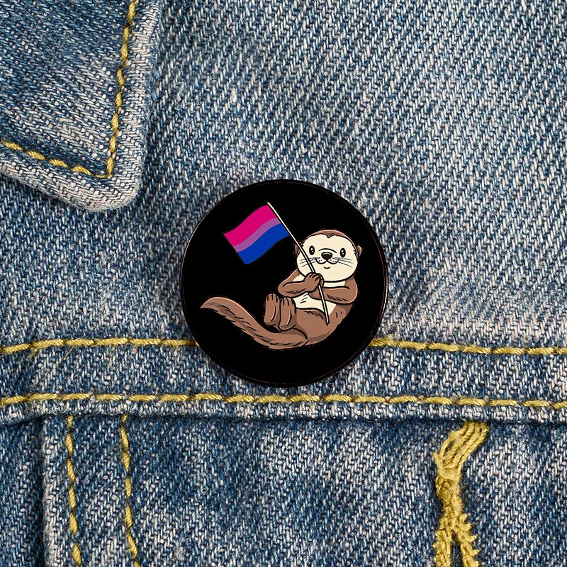 Otter With Bisexual Pride Flag Pin Custom Brooches Shirt Lapel teacher Bag backpacks Badge Cartoon gift brooches pins for women