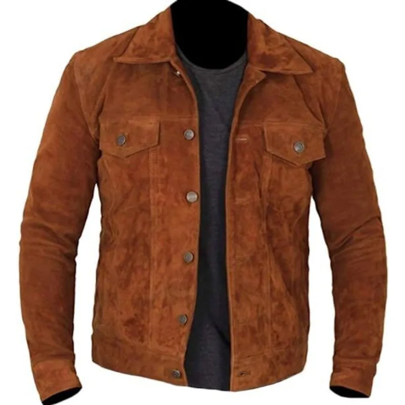 Men's True Suede Leather Brown Jacket Fashion Rider Retro Button Coat Men Clothing men s brown suede leather blazer coat genuine softhide two button classic jacket leather jacket