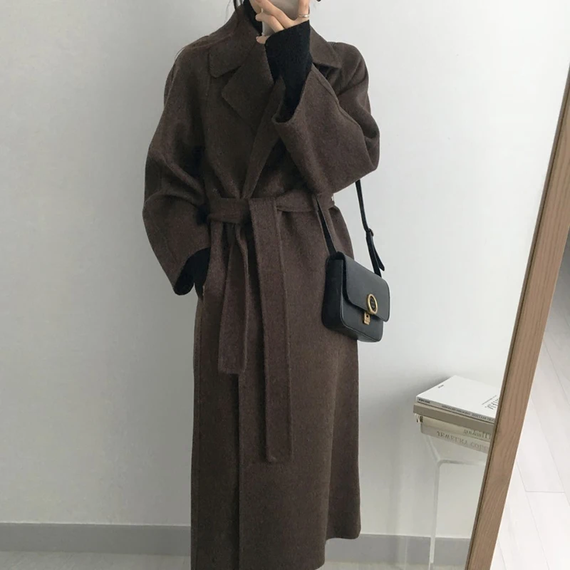 MEXZT 여성용 롱 울 코트, 우아한 솔리드 벨트 아우터, 빈티지 한국 오버사이즈 가디건, 모직 오버코트, 겨울 캐주얼 재킷