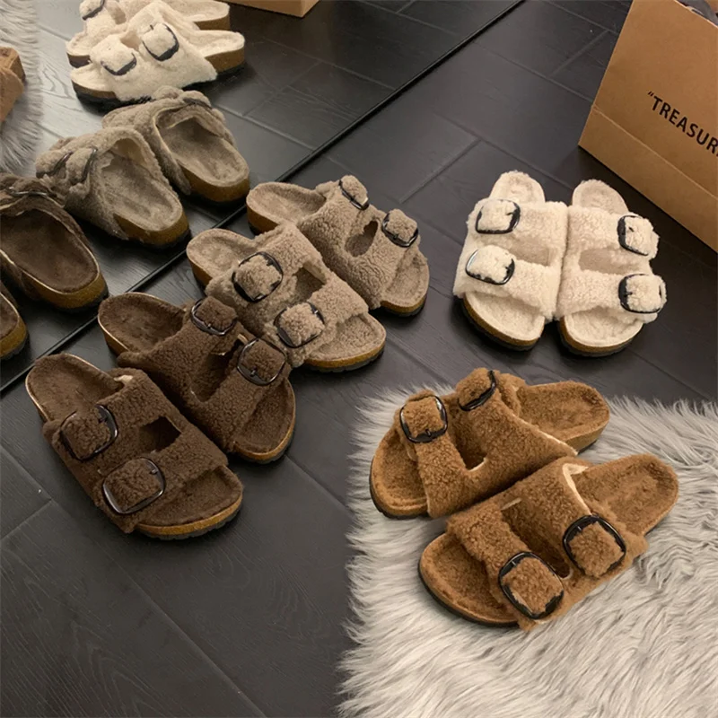 2022 Winter Fur Slippers Fashion Comfortable Soft Warm Flat Shoes