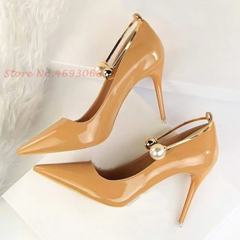 Pearl Patent Leather Pumps For Women Sexy Pointy Toe Super High Thin Heels Party Spring Shoes 2022 Women Office Ladies Pumps