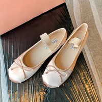 Elastic Band Silk bowtie ballet flats women round toe pink bow loafers soft bottom mary janes female silk moccasins big size 43