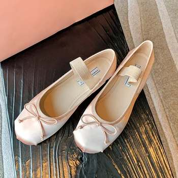 Elastic Band Silk bowtie ballet flats women round toe pink bow loafers soft bottom mary janes female silk moccasins big size 43 1