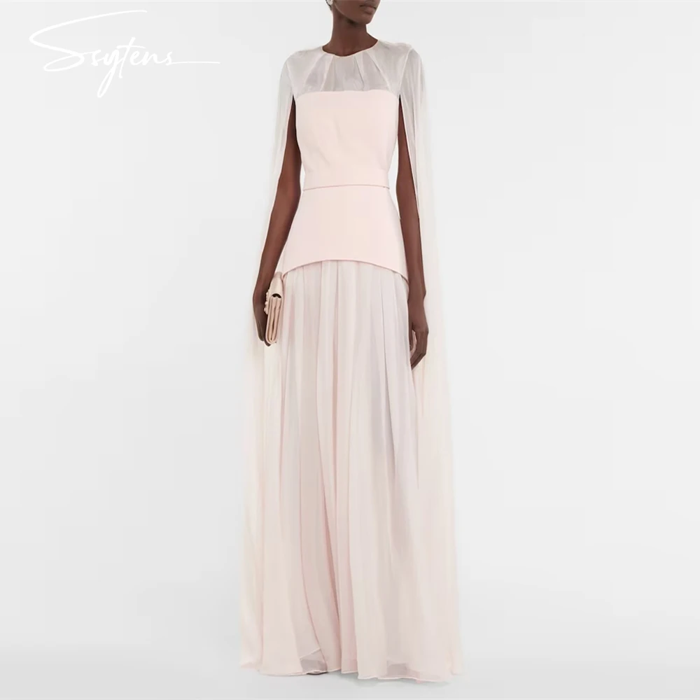 Light Pink Evening Dresses Women Chiffon Cape Sleeves Prom Gowns Homecoming Party Dress Long