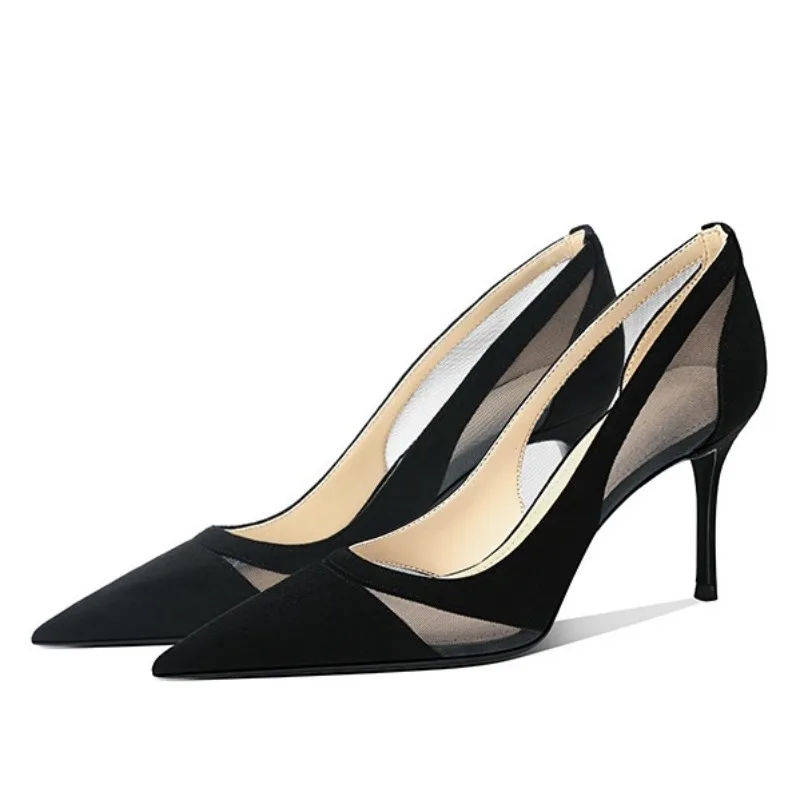 

2023 Autumn/Winter New Breathable Black Mesh High Heels for Women's Thin Heels Sexy Pointy Temperament Single Shoes for Women